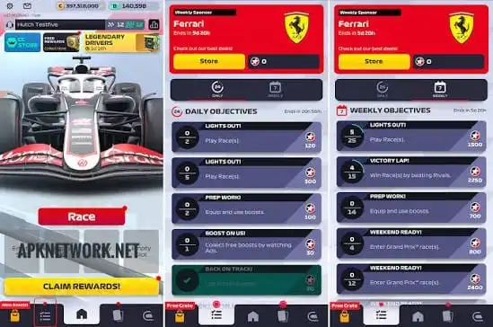 F1 Clash MOD APK 2025 main menu with unlimited resources on Android